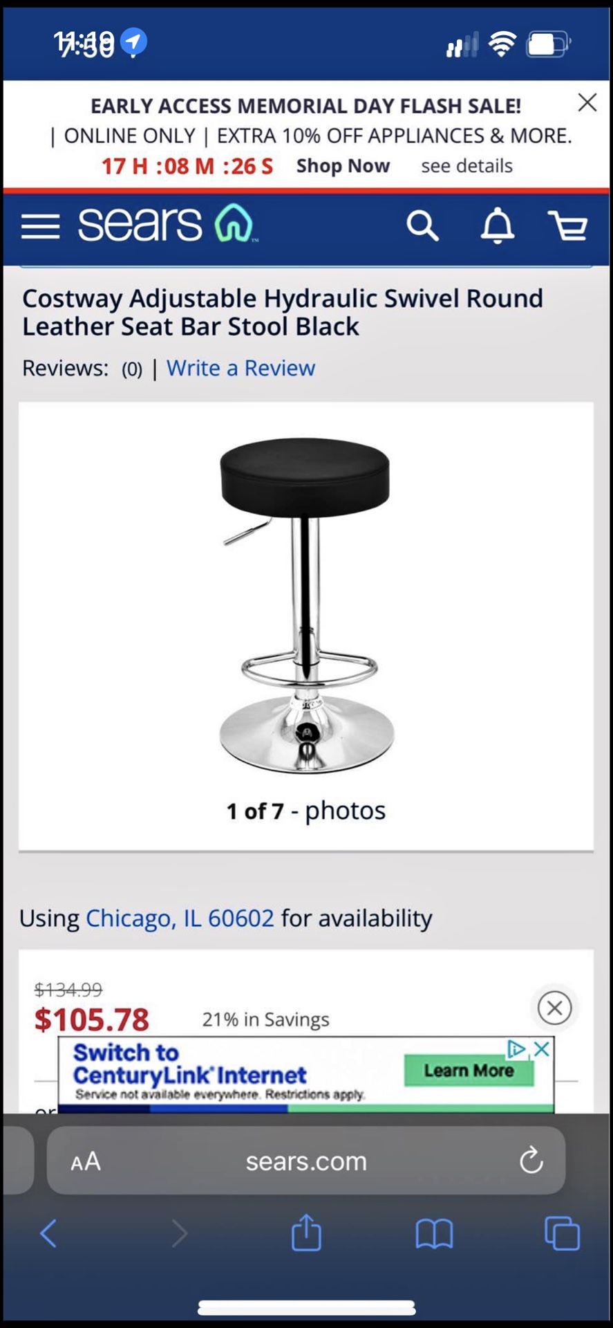 New Costway Round Leather Adjustable Height Swivel Bar Stool