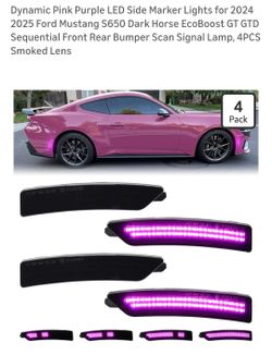 Pink Purple LED Side Marker Lights for 2024 2025 Ford Mustang S650 Dark Horse EcoBoost GT GTD Sequential Front Rear Bumper Scan Signal Lamp, 4