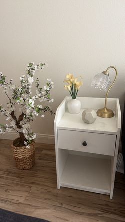 White Nightstand with Drawer and Shelf & Plant