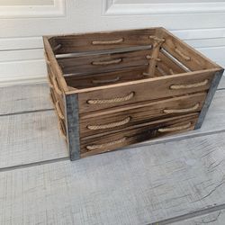 Rustic Wooden Crate Rope  cutout Galvanized Metal Corners Farmhouse Storage Box
