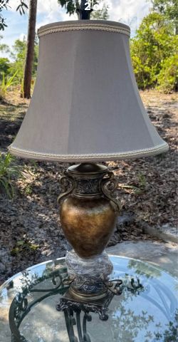 Two beautiful lamps, gold, and brown with beige shade- 20.00 each
