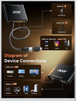 acer USB 3.0 HDMI Capture Card, 4K HDMI Loop-Out, 1080P 60Hz for Streaming Low-Latency Audio Video Capture, USB Type-A & Type-C Ports, Compatible with