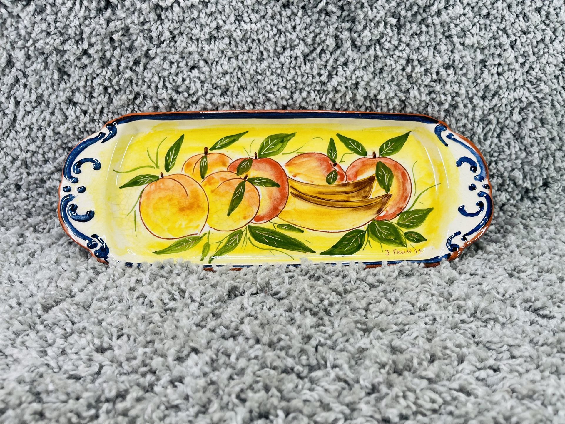 Pottery Serving Tray Fruits Painting Portugal Handmade Size 13inX5in Long Oval