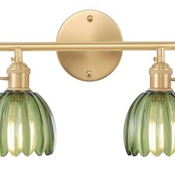  2-Light Brass Vanity Wall Light Over Mirror with Green Tulip Glass Shade