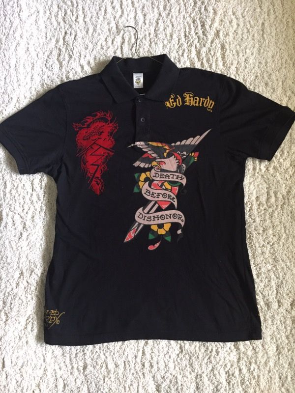 MENS ED HARDY CHRISTIAN AUDIGIER BLACK POLO SHIRT LARGE