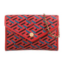 Versace Red Geometric Envelope Clutch with Blue Accents