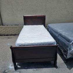 Brown Cherry Twin Size Solid Wood Bed Frame With Brand New Twins Size Plush Memory Foam Mattress And Box Spring In Plastic 