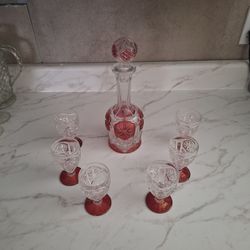 Ruby Flashed Valentine Imperial Crystal  Decanter & Cordial and Liqueur Mini Glasses