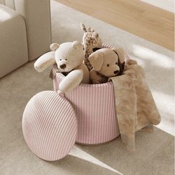 Pink Round Storage Ottoman Foot Rest - Corduroy Upholstered Footrest/Makeup Stool for Living Room & Bedroom