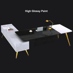 Modern Executive Desk L-Shaped with Storage in White, Gold  & Black