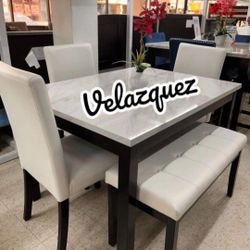 ✅️✅️ 5 pc dark finish wood faux marble top  rectangular dining table set with bench ✅️✅️