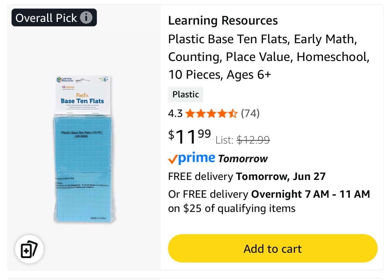 Learning Resources Plastic Base Ten Flats, Early Math, Counting, Place Value, Homeschool, 10 Pieces, Ages 6+