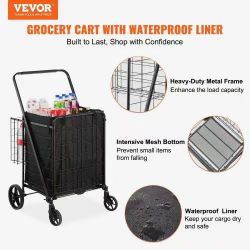 Folding Shopping Cart with Removable Waterproof Liner, 330LBS Large Capacity Jumbo Grocery Cart with Dual Basket, 360° Swivel Wheels, Dense Metal Mesh