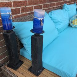 Set Of 2 Rustic Candle Holders ( Wood) Patio Or Garden Accents