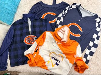 Chicago Bears apparel items, a plaid jacket with a mascot logo, a hoodie set of 4