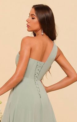 Sage green one shoulder bridesmaid dress with pockets