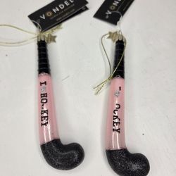 Vondels Pink and Black Glass Hockey Stick Ornaments Set of 2