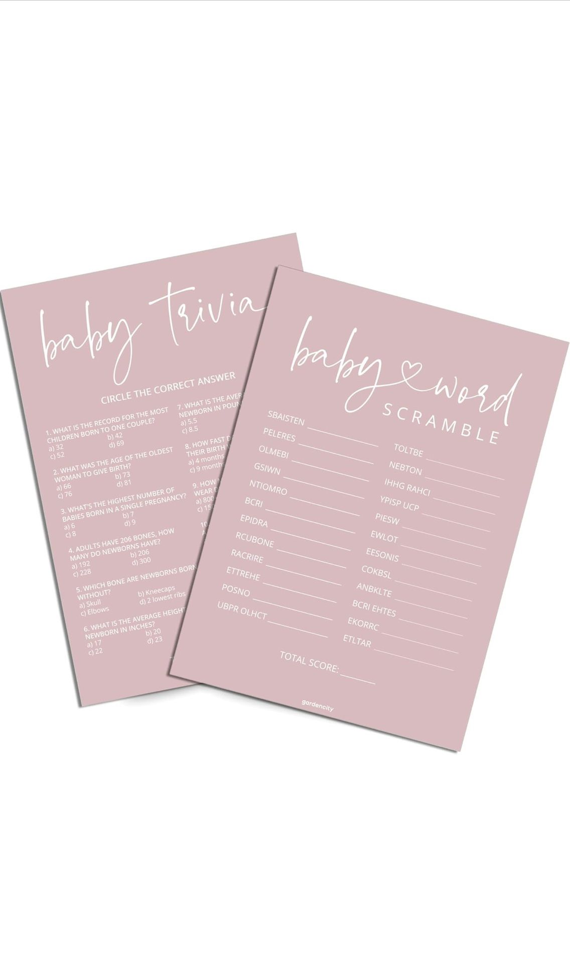 GardenCity Baby Shower Games for Girl - Baby Trivia and Word Scramble Game, 50 Double-Sided Cards (Blush Pink)