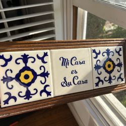 Vintage Mexican Talavera Ceramic Tile Wall Hanging EntryWay Sign Table Decor 14x6” Wooden 