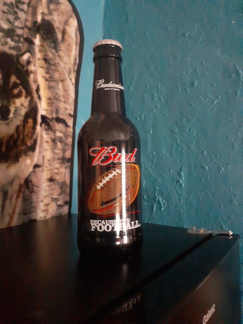 BUDWEISER BEER BOTTLE THICK GLASS 15" TALL 5"" WIDE PLASTIC CAP $5