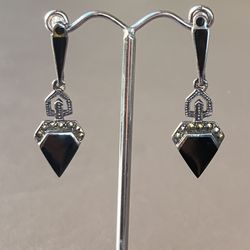 VINTAGE ART DECO STERLING SILVER 925 DROP DANGLE BLACK ONYX MARCASITE EARRINGS