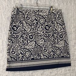 Talbots: Navy and Cream Floral Pencil Skirt, Side Zipper, Lined, Size: 8