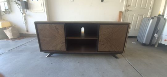 Mid-Century Modern Walnut TV Stand / Media Console – Chevron Doors