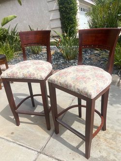 Pair of Wood Bar Stools with Floral Cushions