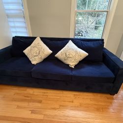 West Elm Blue Velvet Sofa with two pillows in Great Condition!!