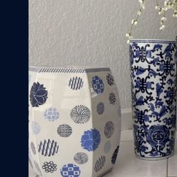 Vintage MCM Blue & White Asian Chinese Chinoiserie Garden Stool, Chair, Table.