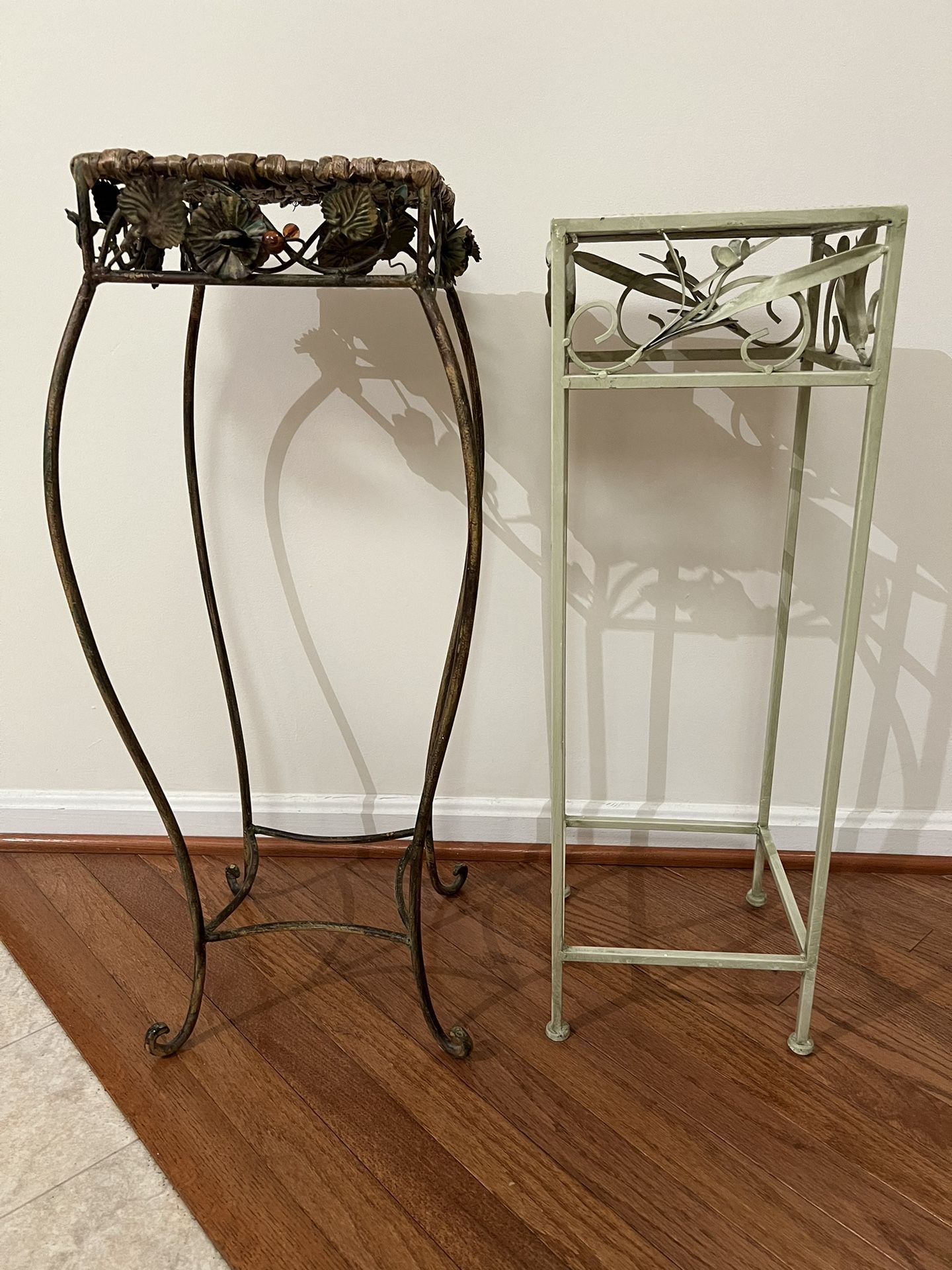 Ornate Iron and Wicker/Flower Mint Antique Green Plant Stands