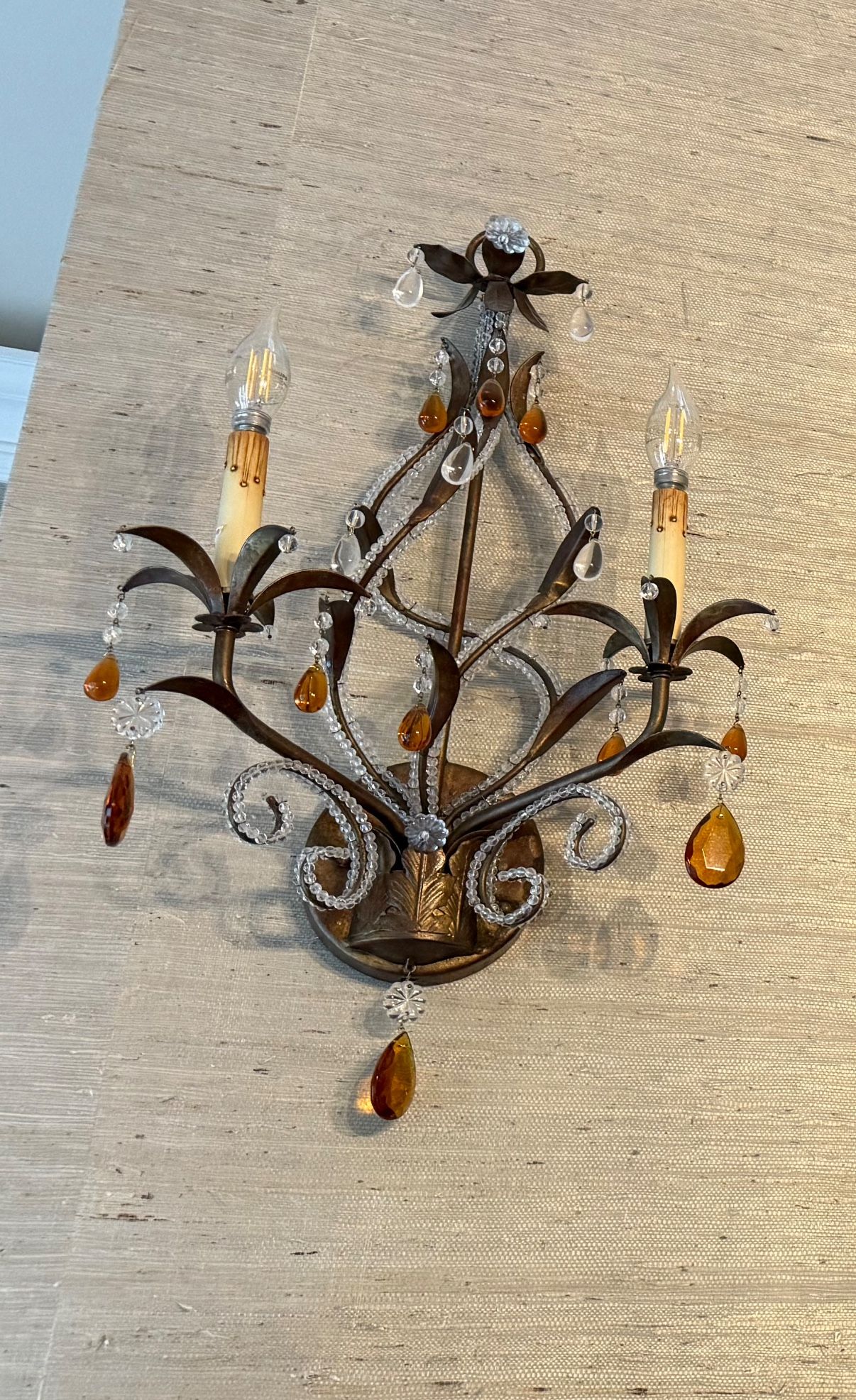 “set Of 2 Luxury Iron & Crystal Wall Sconce Set – Antique Gold / Amber”