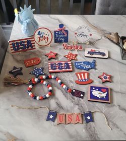 Patriotic Red White & Blue 4th Of July Decorations Set For Tiered Tray 19 Pieces