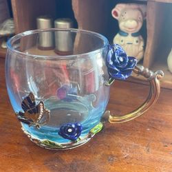 Butterfly Rose Rhinestone Enamel Teacup Mug Cup 