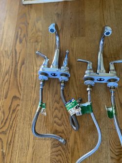 Set Of 7 Pcs Bathroom Hardware- 2 Chrome DELTA faucets- ,2 Towels Hangers, Toilet Paper Holder,Rob Hook, Shower Curtain With Rod And Hooks