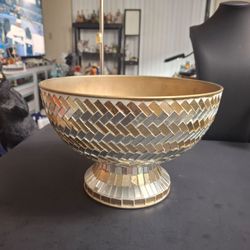 Contemporary Decorative Mosaic Mirror Glass Footed Compote Bowl In Elegant Gold & Silver, A Great Centerpiece 6.5"Hx10"W