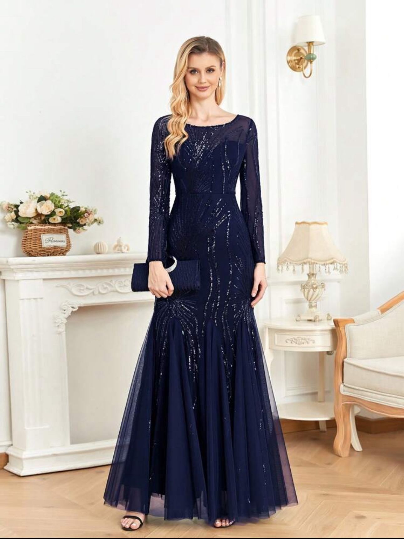 Dress Elegant Long Sleeve Formal Evening Prom Wedding Guest Gown, For Graduation, Dinner: Navy Blue/S