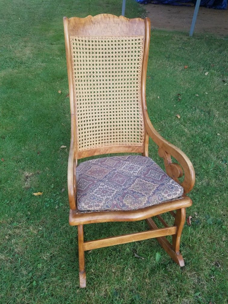 Antique Cane back Tiger/Birds Eye Maple Rocker 