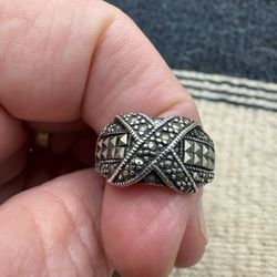 Vintage Marcasite Band Criss Cross Ring Sterling Silver Boho Thumb Band Size 8.5