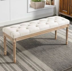LUE BONA 44" Bedroom Bench, Fabric End of Bed Bench, Upholstered French Tufted Ottoman Bench with Carved Wood Legs for Bedroom End of Double Full Quee