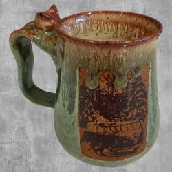 Handmade Pottery VW Bus Mug Fox Handle Artist Signed Apple Mark Speckled Green 