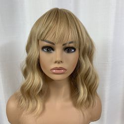 Copper With Blonde Highlights Wavy Synthetic Wig With Bangs