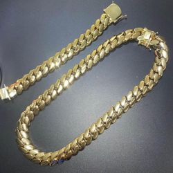 New 14k Yellow Gold Cuban Link Chain And Bracelet Set 