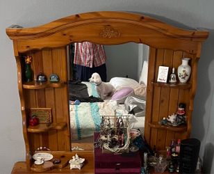 Solid Pinewood Mirror With Side Display Shelves