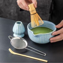 5-Piece Matcha Kit - Complete Matcha Set with Bamboo Whisk, Bowl with Spout, Scoop, Strainer & Holder - Practical Matcha Whisk Set (Striped blue)