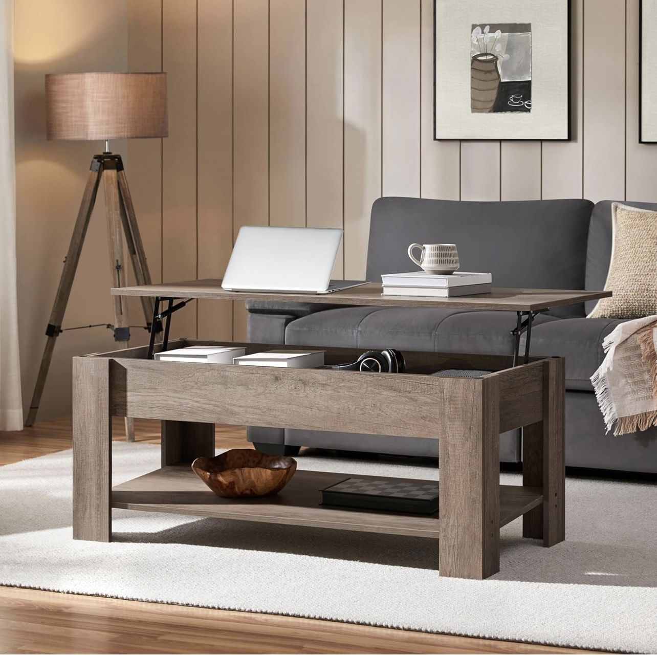 Lift Top Coffee Table, Coffee Table with Storage Compartment, Wood Center Table for Living Room, Home Office, Gray