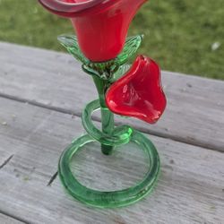 Vintage Hand Blown Glass Red Rose Bud Vase with Green Stem & Petal Accent – 7" Tall

