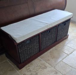 Storage Bench with 3 Wicker Baskets and Padded Seat