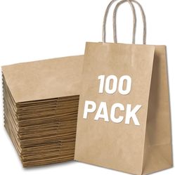 Gift Bags 8.25"X5.9 "X3.15" 100pcs Brown Paper Bags with Handles,Kraft Paper Bags for Small Business Christmas Bulk Bags, Wedding Party Favor Bags,Sho