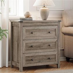 29.5” Rustic Gray 3-Drawer Nightstand Chest with Framed Drawers & Black Knobs